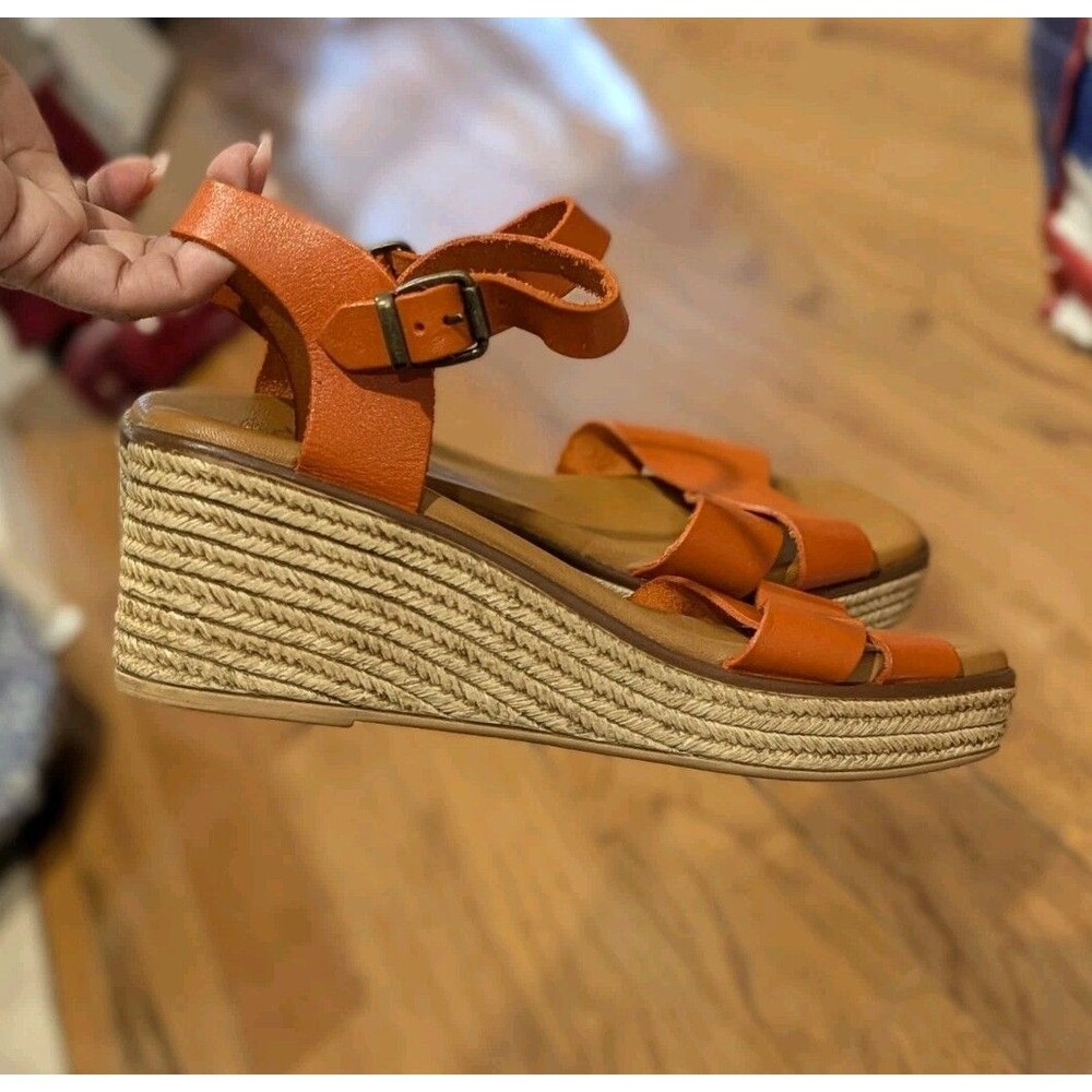 Coastal Boho Espadrille Wedge Sandals Orange Leather Bertuchi Spain Size 38‎